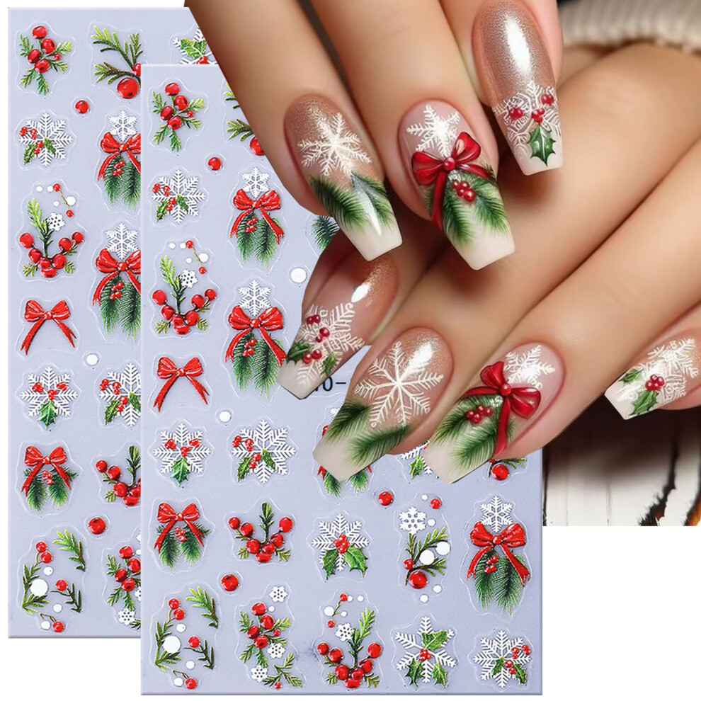 Red Christmas Nail Stickers 5D Embossed Bow Snowflake Glitter Decals For Holiday Manicure 2Pcs