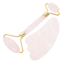 Pink Crystal Face Roller and Gua Sha Set for Facial Contour Sculpting and Puffiness Reduction