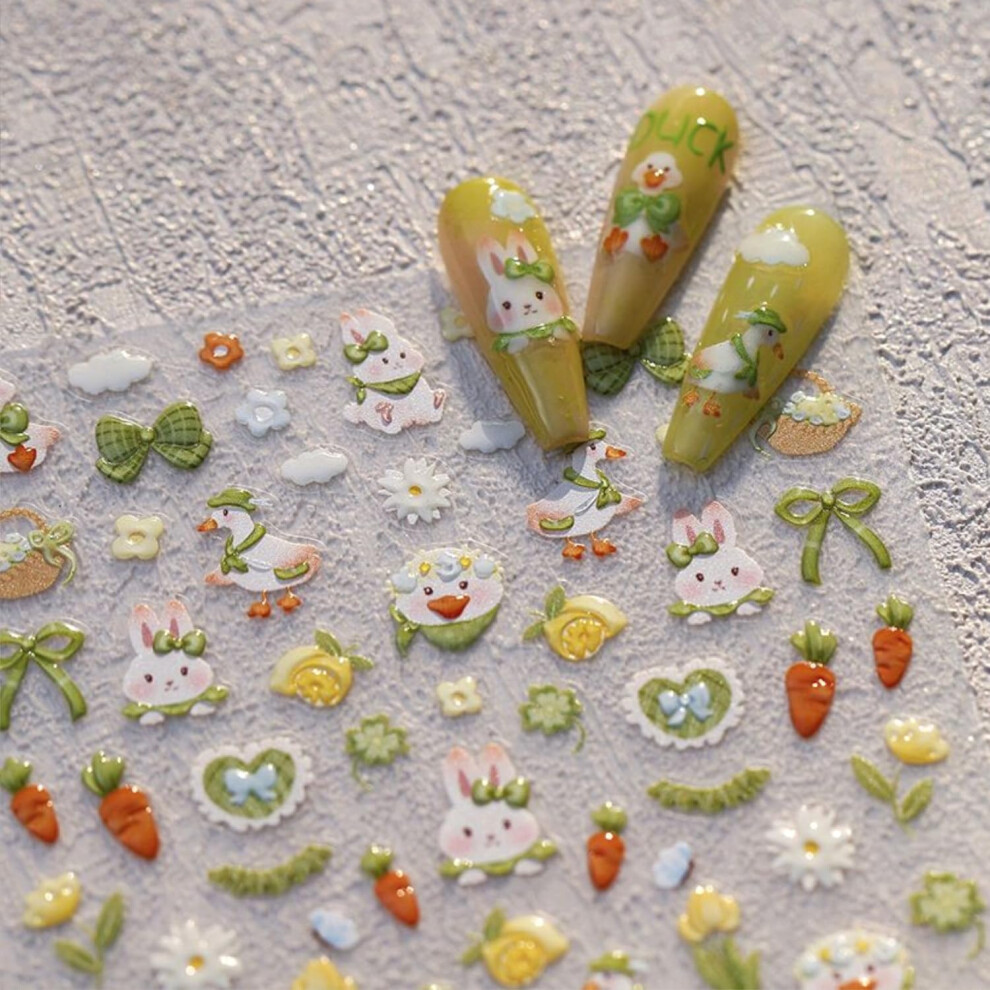 Green Easter Nail Stickers 5D Selfadhesive Bunny Bow Flower Decals For Diy Manicure Women Girls