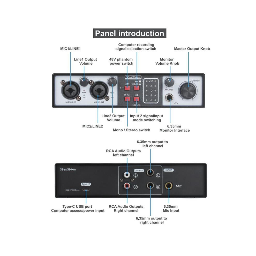 2X 2 In 2 Out Usb Audio Interface Recording Sound Card 32Bit/384Khz Studio Record Professional Sound Card 48V Phantom 6031011472559