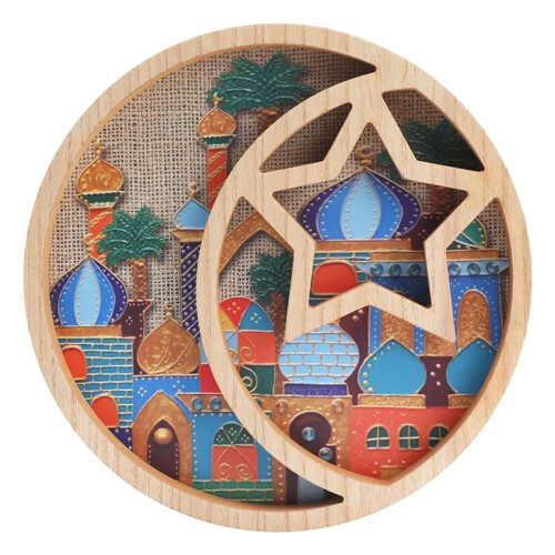 Decorações Do Ramadã para Casa - Bandeja de 11,6 Polegadas Eid Mubarak Pintura Religiosa Cupcake Comida Pratos de Doces Decorações de Madeira