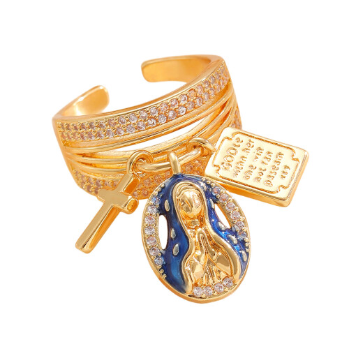 Religious Crucifix Virgin Pendant Ring Adjustable Size Copper