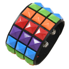 Versatile Punk Bracelet Three Row Square Studs Soft PU-Color A
