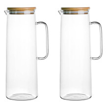 2X 1.7L Glass Water Pitcher with Handle Bamboo Lid Heat Resistant Cold Hot Kettle Capacity Tea Pitcher Water Juice Jug