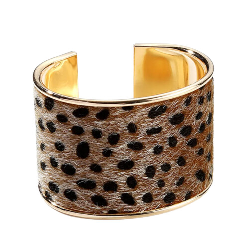 Alloy Leopard Print Open Cuff Bracelet With Flocking Texture-A