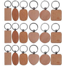 60 Pcs Blank Wood Wooden Keychain DIY Custom Wood Key Chains Key Tags Anti Lost Wood Accessories Gifts (Mixed Design)