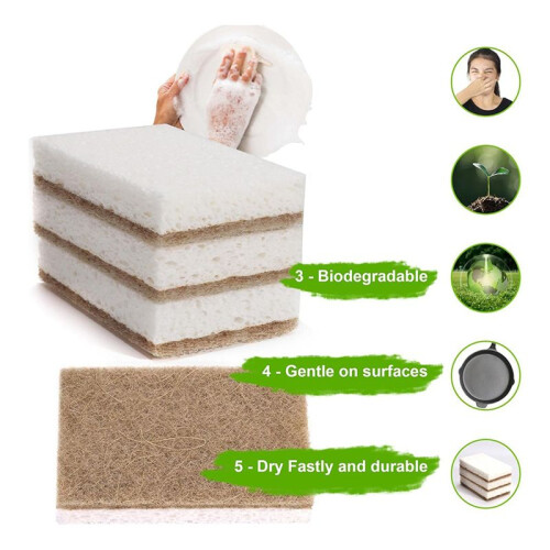 Eco-Friendly Natural Sponges for Dishes 120 Pack - Biodegradable Kitchen Sponge with Compostable Coconut Scrubber