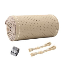 15 Inch Beige Leather Steering Wheel Cover, AntiSlip Breathable DIY HandStitch Wrap for Cars