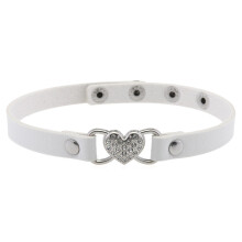 Collier coeur en cuir tendance, orné de strass,-Blanc