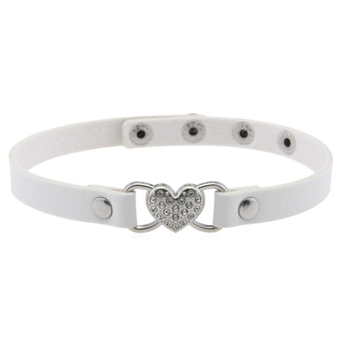 Collier coeur en cuir tendance, orné de strass,-Blanc