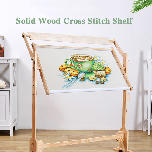 Adjustable Wooden Cross Stitch Frame Stand with Tool Storage and Wide Base for Needlework 1
