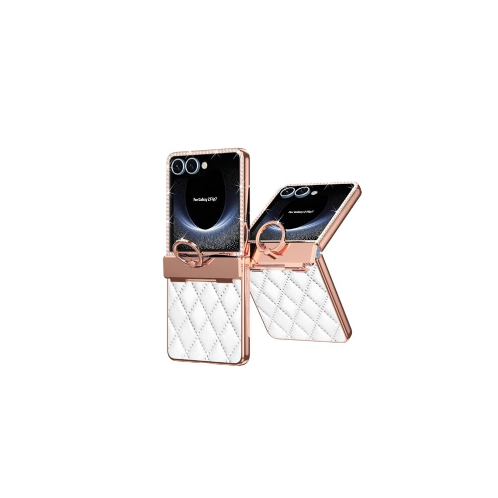 Case With Ring Holder For Samsung Galaxy Z Flip 7, Leather Texture Shockproof Cover, Antifingerprint White 9092120253603