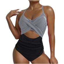Women's blocked cutout strap swimsuit-Purple XXL