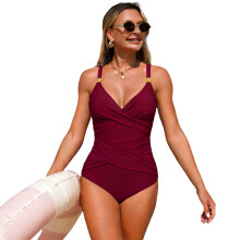 Conjoined Swimsuit Belly Control High Cut Design-Claret XXL