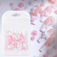 50 Pcs 3D Resin Flower Nail Charms for Acrylic Nails, Pink and White Rose Floral Decorations
