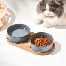 Cuenco de Cerámica para Mascotas con Collar Protector para el Cuello, Bandeja de Madera Anticolisión, Suministros de Alimentación para Mascotas,