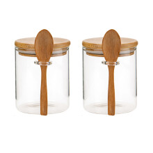 2X Glass Food Airtight Canister Castor Wooden Twist Lid Kitchen Candy Storage Tank Jar Bamboo Food with Wooden Spoon