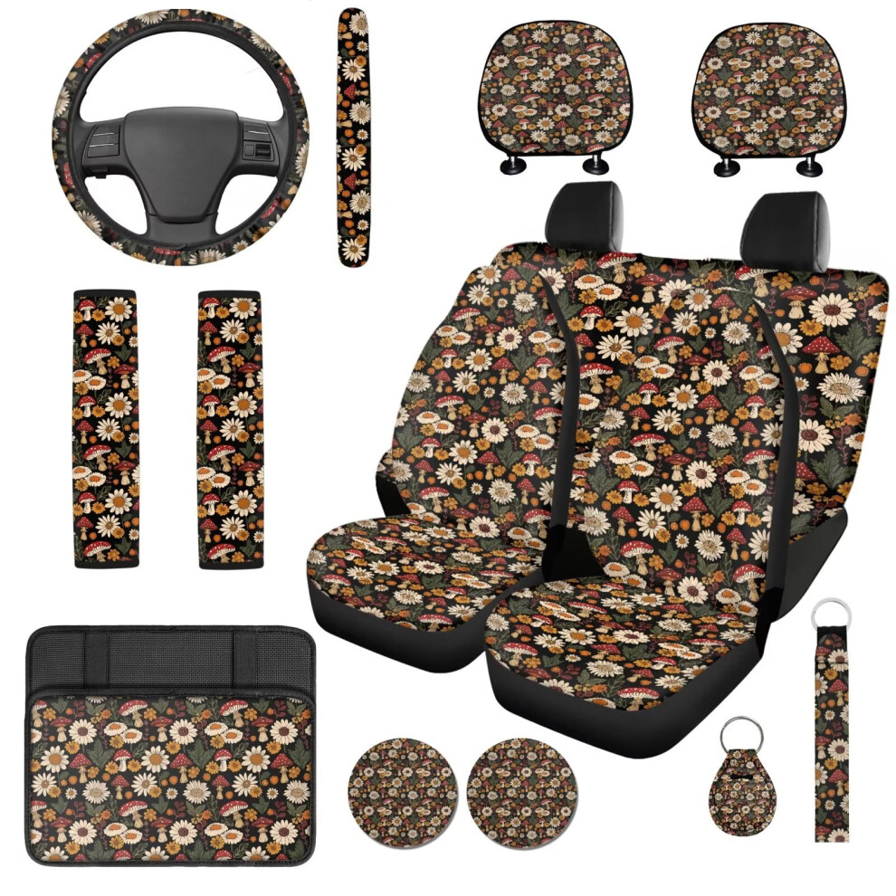Mushroom Daisy 14-Piece Car Seat Cover Set Â Steering Wheel, Headrest, Armrest, Cup Pad & Seat Belt Covers For Cars & Suvs 9365509658666