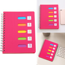 Caderno espiral de 5 matérias com abas removíveis, páginas pautadas, 220 folhas, rosa – Ideal para faculdade e estudos.