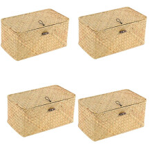 4X Handmade Straw Woven Storage Basket with Lid Makeup Organizer Storage Box Seagrass Laundry Baskets(S)
