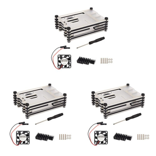 3X Cover nel Acrilico Trasparente / Trasparente e Nero per Raspberry Pi 4 Modello B, con Ventola di Raffreddamento per Raspberry Pi 4B