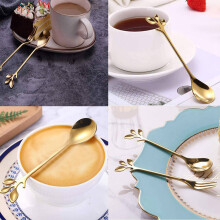 10Spoon+10Forks Stainless Steel Leaf Coffee Cake Spoon Fork Dessert Spoons, Stirring Teaspoon Set Golden