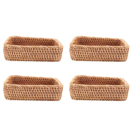 4X Hand-Woven Rectangular Rattan Wicker Basket Fruit Tea Snack Bread Picnic Cosmetic Storage Box S