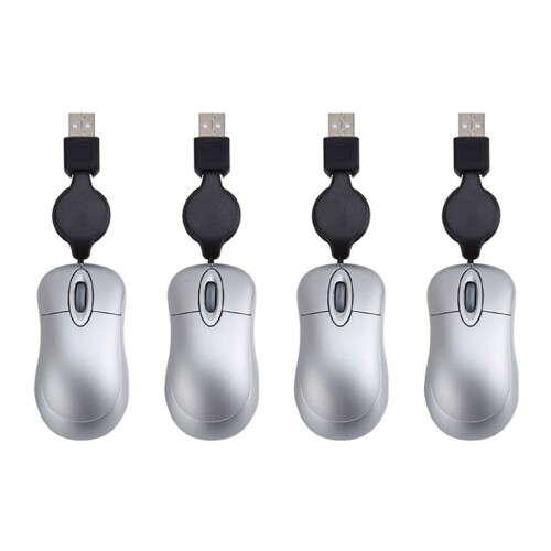 4X  USB Wired Mouse Retractable Cable Tiny Small Mouse 1600 DPI Optical Compact Travel Mice (Silver)