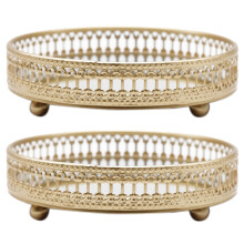 2X Golden Iron Jewelry Storage Tray Glass Mirror Makeup Manager Desktop Cosmetic Dessert Decorative Display Tray 25cm