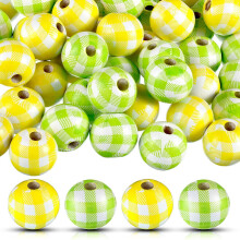 100 Pieces Plaid Wood Beads Plaid Print Wooden Beads Round Bead Polished Spacer Bead (Yellow-White,Green-White)
