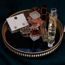2X Golden Iron Jewelry Storage Tray Glass Mirror Makeup Manager Desktop Cosmetic Dessert Decorative Display Tray 25cm