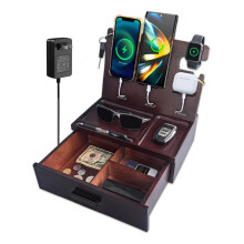 Wooden Phone Docking Station with Drawer and 4 USB Ports, Nightstand Organizer for Dual Device Charging