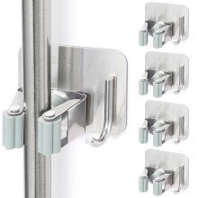Stainless Steel Broom Holder Wall Mount with Automatic Adhesive Grip for Kitchen Garage Laundry Storage