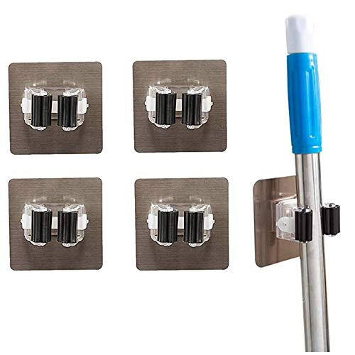 4 Pack Self Adhesive Broom Mop Holder, NoDrill Wall Mounted Organizer Rack for Kitchen Bathroom MultiColor