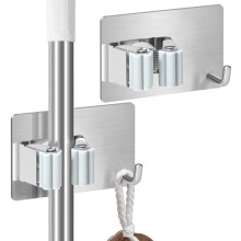 2 Pack Stainless Steel Broom Holder Wall Mount, Self Adhesive NoDrill Mop Organizer with AntiSlip Grip, 10lb Load