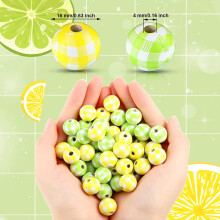 100 Pieces Plaid Wood Beads Plaid Print Wooden Beads Round Bead Polished Spacer Bead (Yellow-White,Green-White)