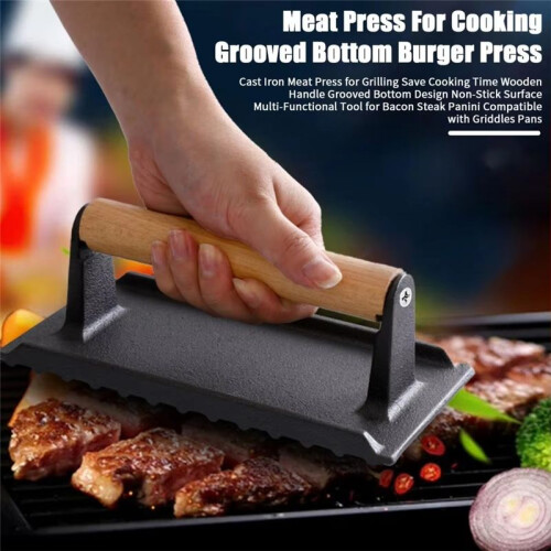 Meat Press for Grilling Cast Iron Bacon Press Rectangle Burger Press with Wooden Handle 2