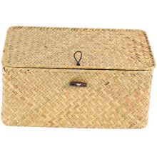 2X Handmade Straw Woven Storage Basket with Lid Makeup Organizer Storage Box Laundry Baskets Rattan Jewelry Box(S)
