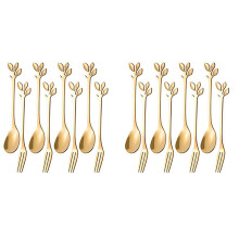 32PCS Dessert Spoon and Fork Set Cake Fork Coffee Spoon  Fruit Fork Stainless Steel -Gold