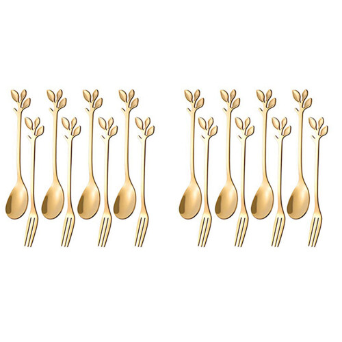 32PCS Dessert Spoon and Fork Set Cake Fork Coffee Spoon  Fruit Fork Stainless Steel -Gold