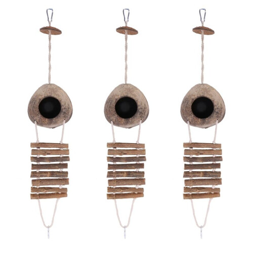 3X  Natural Coconut Husk Coconut Hide with Ladder for Bird Shell Hideaway Durable  2