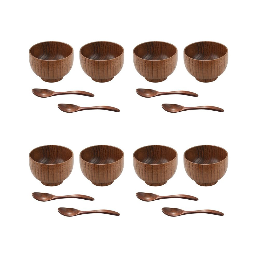 16 Pieces Wooden Handmade Bowl and Spoon for for Rice Miso Serving Home Kitchen Tableware