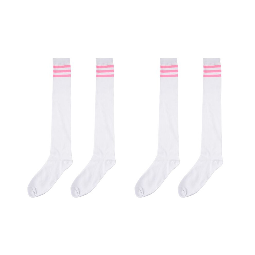 2Pair Womens Athlete Thin Stripes Solid Thigh Highs Tights Over Knee Socks W White Typecat