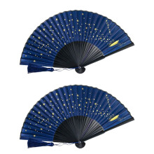 2X Classic Starry Silk Folding Fan,Chinese Japanese Fabric Bamboo Folding Dance Hand Fan ()