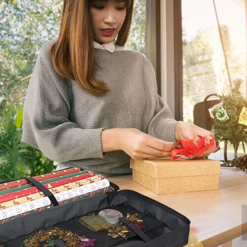 Wrapping Paper Storage Bag with Upright Roll Design, MultiPocket Christmas Gift Wrap Organizer 2