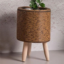 3X Jardinières à Fleurs Tissées en Rotin Imitation Vintage, Panier de Rangement Fait à la Main avec Pieds en Bois, Support pour Pot de Fleurs, F