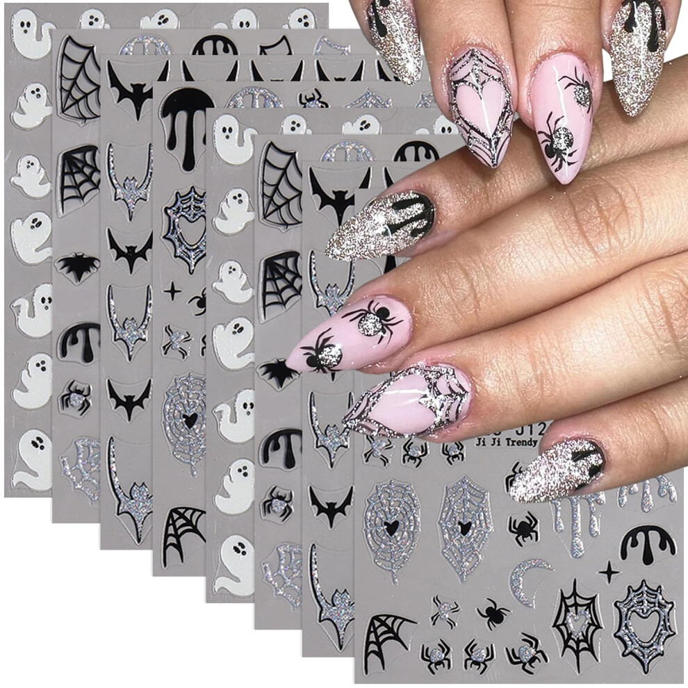 Halloween Nail Stickers 3D SelfAdhesive Bat Ghost Decals 8 Sheets for Women Natural Acrylic Nails