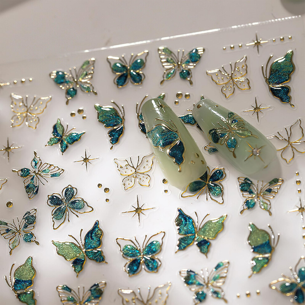 5D Embossed Green Butterfly Nail Art Stickers with Gold Edge SelfAdhesive Decals for DIY Manicure