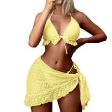 Women's 3 Piece Bikini Swimsuit Textured Lace-Yellow XL