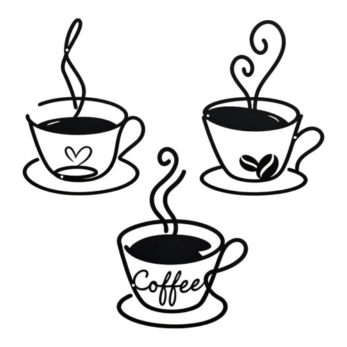 Schwarze Kaffeetassen-Wandkunst aus Metall,
